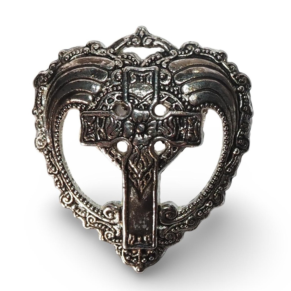 Vintage Sacred Heart Cross Brooch Silver Tone Gothic Religious Ornate Pin